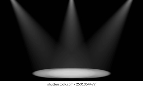 Three spotlights illuminate a dark stage, creating a dramatic and mysterious atmosphere. Perfect for visual projects that require impact and focus. - Powered by Shutterstock