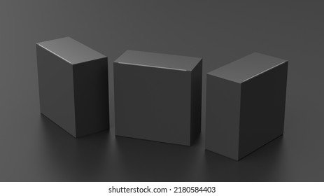 Three Square Boxes Mock Up. Black Gift Boxes On Black Background. Side View. 3d Illustration