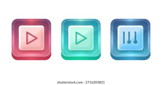 Three square buttons with rounded corners, featuring play and settings icons, in red, green, and blue hues, with subtle gradient effects and highlights