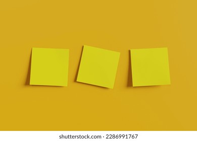 Three square yellow notes on a yellow background. 3d rendering