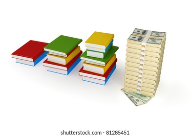 Three stacks of books and large dollar stack. 3d rendered. Isolated on white background.