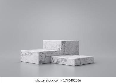 Three step of white marble product display on gray background with modern backdrops studio. Empty pedestal or podium platform. 3D Rendering.