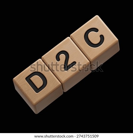 three stone cubes, tables with the word D2C - acronim Direct to Consumer.close up of wooden elements,Business Concept.3D rendering on black Screen for footage and clipping path.