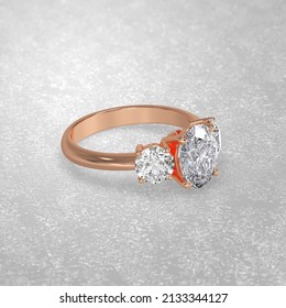 Three Stone Engagement Ring Laying Down Position In Metal Gold 3D Render