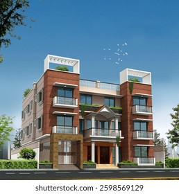 Three storied building 3d rendering with porch nice boundary wall blue sky and white birds,project, landmark, beautiful, exterior 3d, view, window, urban, city, house, 3d illustration, apartment, 