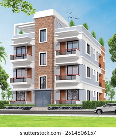 Three storied building 3d rendering with white car blue sky and green trees,building, accommodation, balcony, cityscape, clamp, condo, condominium, condos, day, economy, flat, frame, glass, 