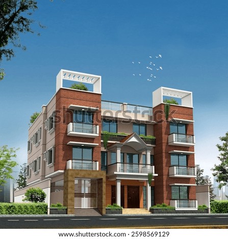 Three storied building 3d rendering with porch nice boundary wall blue sky and white birds,project, landmark, beautiful, exterior 3d, view, window, urban, city, house, 3d illustration, apartment, 