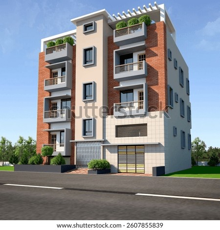 Three storied building 3d rendering right side view with nice roof peragola,clouds, perspective building, accommodation, asia, block, wallpaper, landscape, illustration, luxury, home design, 