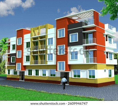 Three storied building 3d rendering with people on road trees and nice belcony, project, 3d render, entrance, exterior house, perspective view, landscape, illustration, luxury, home design, roof, 