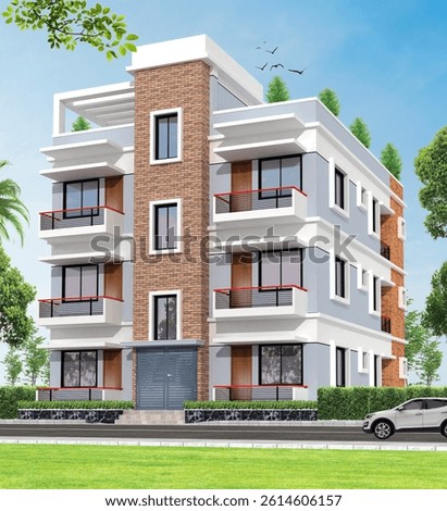 Three storied building 3d rendering with white car blue sky and green trees,building, accommodation, balcony, cityscape, clamp, condo, condominium, condos, day, economy, flat, frame, glass, 