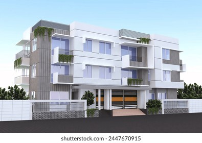 Three storied duplex building 3d illustration with clear sky,3d, 3d illustration, 3d rendering, 3d view, apartment, apartments, background, backgrounds, balcony, beautiful, block, blue, blue sky, 
