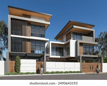 Three storied duplex building with people in sunlight at noon,3d illustration, 3d rendering, apartment, architect, architecture, blue, building, bungalow, cabin, chimney, concept, concrete, 