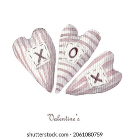 three striped stitched soft XOXO hearts Isolated white background  Watercolor valentines day clipart 