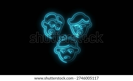 Three stylized blue neon faces glow against a black background.