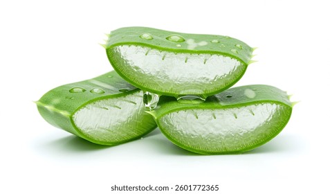 Three succulent aloe vera leaf slices, glistening with moisture, showcase the plants gel. A natural remedy with healing properties.