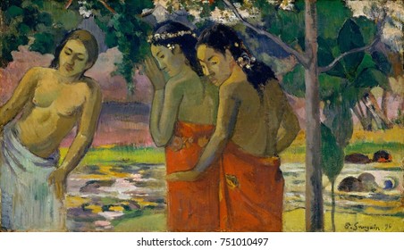 Three Tahitian Women, by Paul Gauguin, 1896, French Post-Impressionist painting, oil on canvas. The women are dressed in pareus in a tropical landscape