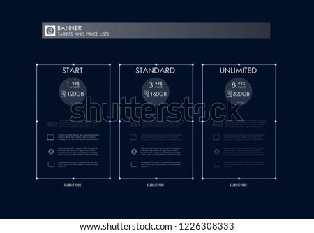 Three tariffs banners. Web pricing table. Vector design for web app. Price list.