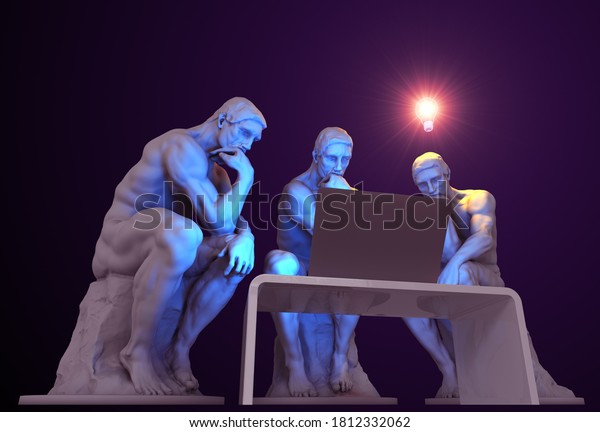 Three thinkers with a computer and one of\
them has a glowing light bulb above his head as a symbol of a new\
idea. 3D\
Illustration.\
