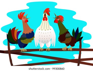 Three vector cock sing while sitting on the fence.