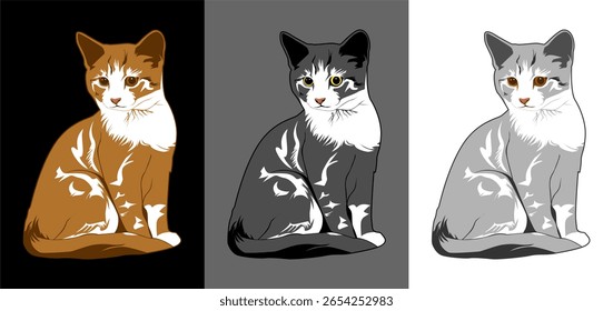 Three versions of the same poised cat sit side by side, each telling a different mood through color.