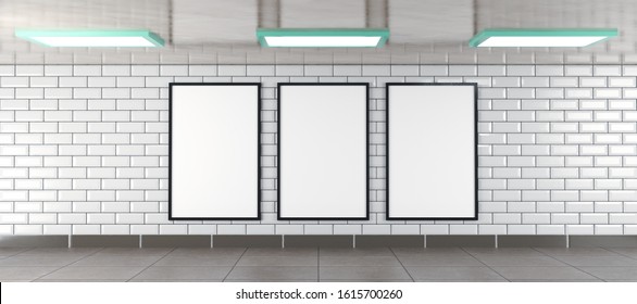 Three Vertical Billboard Frames In An Underground Tunnel Scene As Mockup, Illustration Rendered In 3D