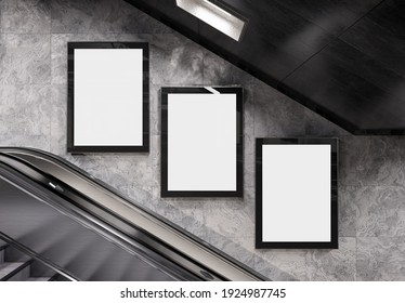 Three Vertical Billboards On Underground Wall Mockup. Hoardings Advertising Triptych On Subway Wall Interior 3D Rendering