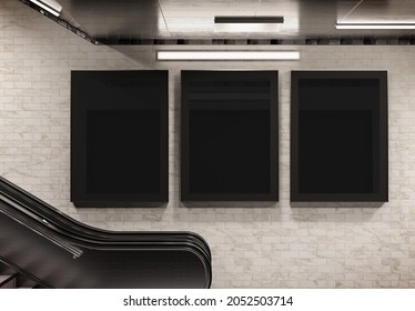 Three Vertical Billboards On Underground Wall Mockup. Hoardings Advertising Triptych On Subway Wall Interior 3D Rendering