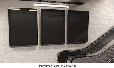 Three Vertical Billboards On Underground Wall Mockup. Hoardings Advertising Triptych On Subway Wall Interior 3D Rendering