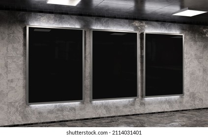 Three Vertical Billboards On Underground Subway Wall Mockup. Hoardings Advertising Triptych On Train Station Interior 3D Rendering