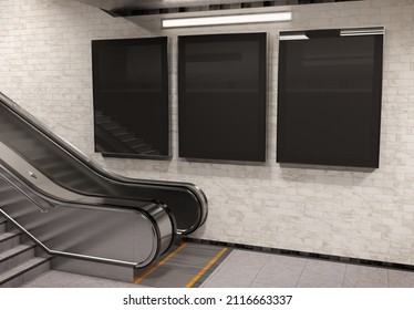 Three Vertical Billboards On Underground Wall Mockup. Hoardings Advertising Triptych On Subway Wall Interior 3D Rendering