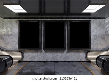 Three Vertical Billboards On Underground Subway Wall Mockup. Hoardings Advertising Triptych On Train Station Interior 3D Rendering