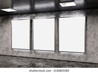 Three Vertical Billboards On Underground Subway Wall Mockup. Hoardings Advertising Triptych On Train Station Interior 3D Rendering