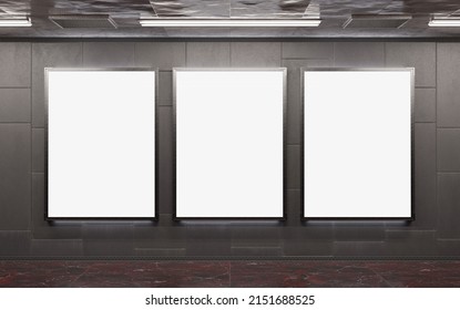 Three Vertical Billboards On Underground Subway Wall Mockup. Hoardings Advertising Triptych On Train Station Interior 3D Rendering