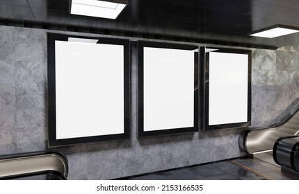 Three Vertical Billboards On Underground Subway Wall Mockup. Hoardings Advertising Triptych On Train Station Interior 3D Rendering