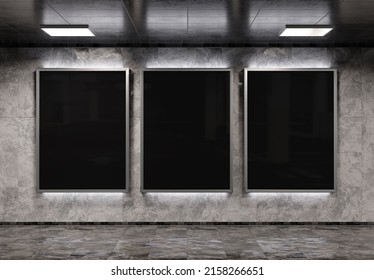 Three Vertical Billboards On Underground Subway Wall Mockup. Hoardings Advertising Triptych On Train Station Interior 3D Rendering