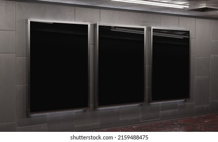 Three Vertical Billboards On Underground Subway Wall Mockup. Hoardings Advertising Triptych On Train Station Interior 3D Rendering