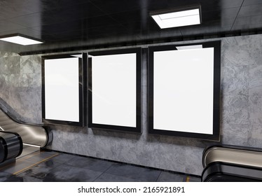 Three Vertical Billboards On Underground Subway Wall Mockup. Hoardings Advertising Triptych On Train Station Interior 3D Rendering