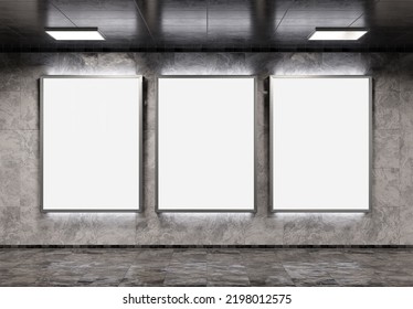 Three Vertical Billboards On Underground Subway Wall Mockup. Hoardings Advertising Triptych On Train Station Interior 3D Rendering