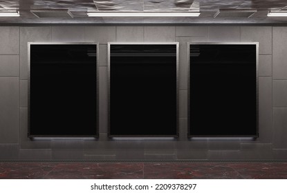 Three Vertical Billboards On Underground Subway Wall Mockup. Hoardings Advertising Triptych On Train Station Interior 3D Rendering