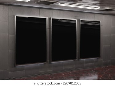 Three Vertical Billboards On Underground Subway Wall Mockup. Hoardings Advertising Triptych On Train Station Interior 3D Rendering