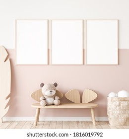 Three Vertical Frames In Children Room Mock Up, Kids Room Design In Farmhouse Style, 3d Render, 3d Illustration