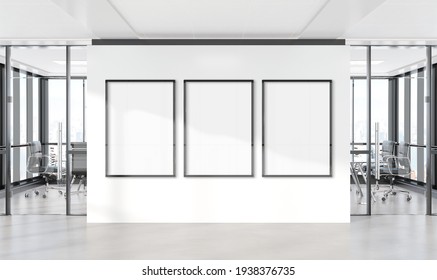 Three Vertical Frames Mockup Hanging On Office Wall. Mock Up Of Billboards In Modern Concrete Company Interior 3D Rendering