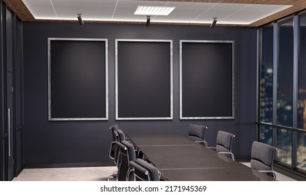 Three Vertical Frames Mockup Hanging In Dark Office Meeting Room. Mock Up Of Billboards In Modern Company Interior 3D Rendering