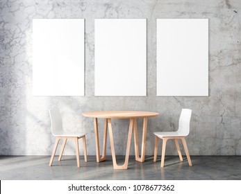 Three Vertical Posters Mockup With Two Wooden Chairs And Table In Empty Room. 3d Rendering