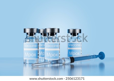 Three vials labeled Monkeypox vaccine and a syringe on a blue background, indicating medical content related to vaccination. 3d render