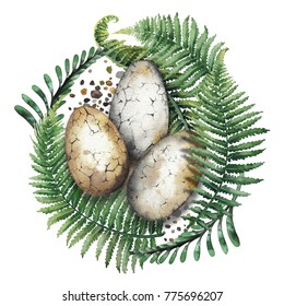 Three watercolor dinosaur eggs in the nest made of dirt and fern. Hand painted illustration isolated on white background