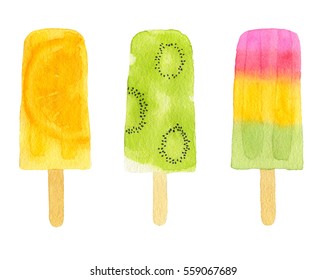 Three watercolor fruit popsicle isolated on white background.