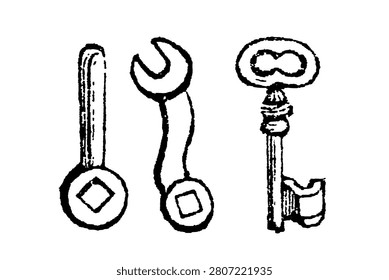 Three whimsical wrenches and a lock key with exaggerated features, old vintage illustration, 1897.