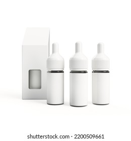 Three White Blank Dropper Bottles Mockup With A White Cap And Paper Box With Square Hole On White Background. 3D Render