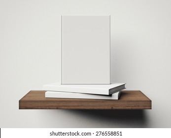 Three White Books On A Brown Shelf. 3d Rendering